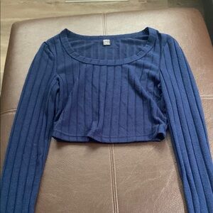 Women's Navy Blue Ribbed Long Sleeve Top